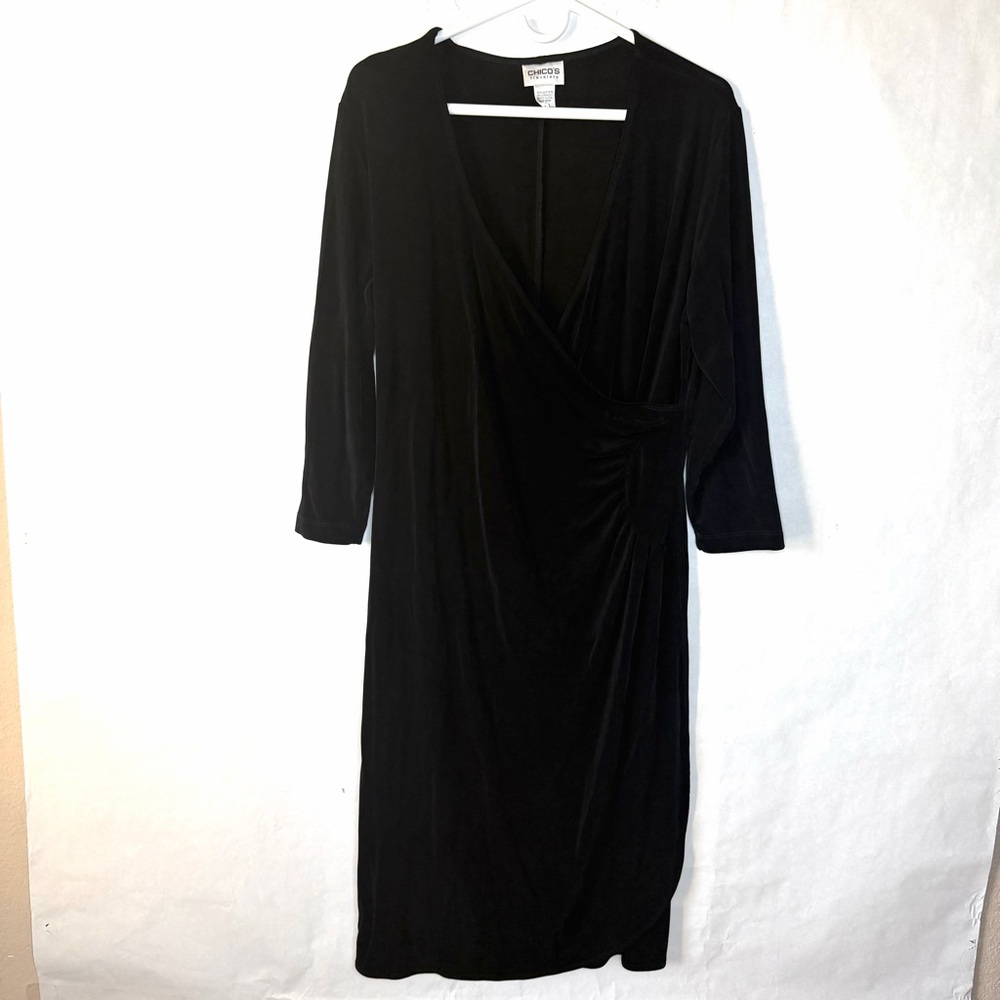 CHICOS Travelers Dress Size L Black Slinky Vneck Faux Wrap Minimalist Capsule